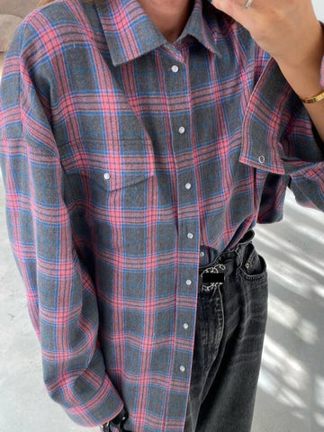 Sonicelife Aynaray 2024 Autumn Winter Women Vintage Oversized Plaid Shirt Long Sleeve Thick Loose Fit Blouse For Woman