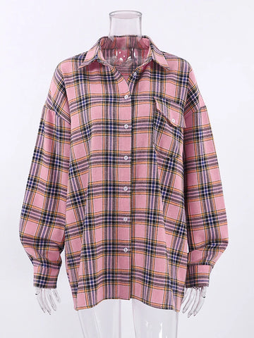 Sonicelife 2024 Autumn Winter Women Vintage Oversized Thick Long Plaid Shirt Long Sleeve Ladies Loose Fit Blouse Woman