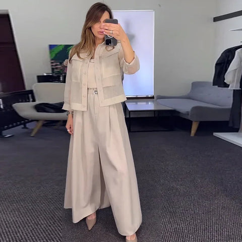Sonicelife 2 Piece Sets Women Outfits Coat Wide Leg Pants Suit Pocket Single Breasted Turndown Collar Jacket Loose Trousers Casual Ensemble