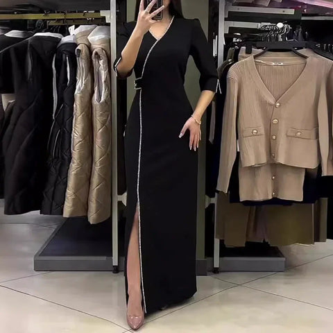 Sonicelife Dress Women Black Party Long Dresses Diamond V Neck Full Sleeve Split Elegant Splice Hot Drilling Vestidos Night 2024 Spring