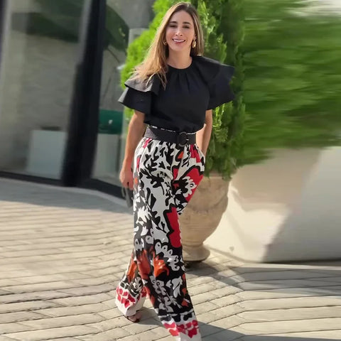 Sonicelife Two Pieces Pant Sets Print Pullover Tops Wide Leg Pants Loose Casual Women Matching Sets Ruffles 2024 Pockets Ankle Length