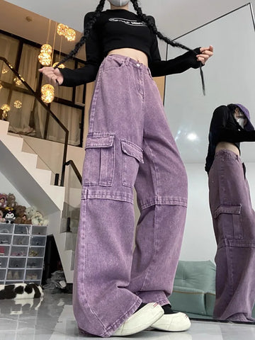 Sonicelife Oversize American High Waisted Cargo Pants for Women Y2k Loose Wide Leg  2024 Autumn New Multiple Pockets Trousers