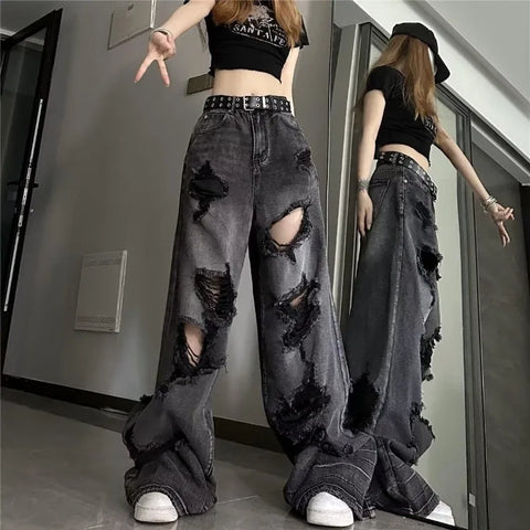 Sonicelife Vintage High Waist Denim Pants Ripped Jeans Women Fashion Loose Wide Leg Straight  Y2k Washed Streetwear Female