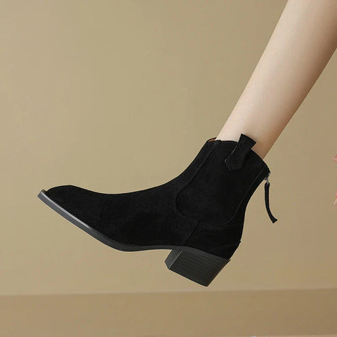 Sonicelife NEW Autumn Women Boots Cow Suede Leather Shoes for Women Pointed Toe Chunky Heel Shoes Concise Black Boots Zipper Western Boots