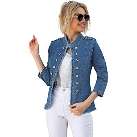 Sonicelife Casual Women's Denim Jacket 2024 Spring New Retro Blue Long-Sleeve Jacket Washed Cardigan Stand Neck Fashion Woman Denim Jacket