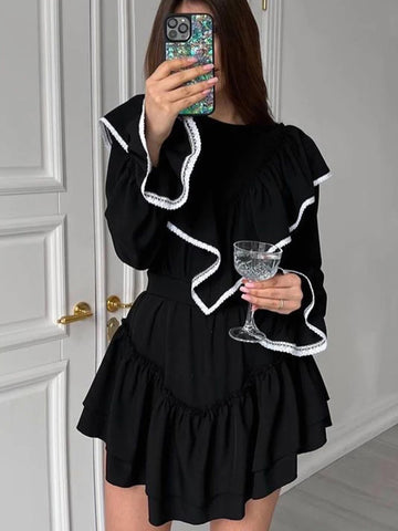 Sonicelife hoco dresses Aynaray 2024 Autumn Winter Women Sweet Mini Dress Solid Black Long Sleeve Elegant Ruffle Flare Dress Female