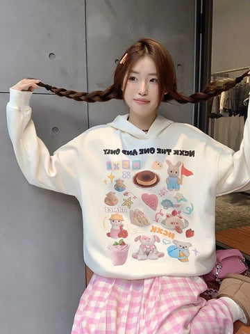 Black Friday Sonicelife Kawaii Animals Print Hoodies Women Cutecore Long Sleeve Hooded Sweatshirt Korean Fashion Beige Oversized Clothing Chic