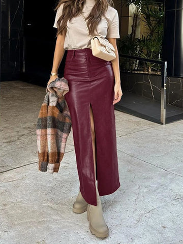 Sonicelife 2024 Autumn Winter Women Sexy Bodycon Maxi Leather Skirts Solid Red High Waist Office Slit Pencil Long Skirt Female