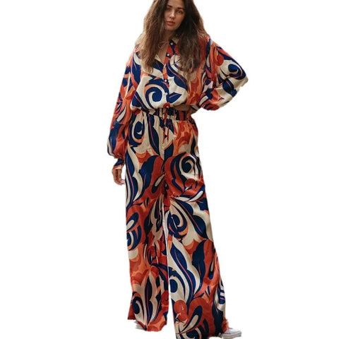 Sonicelife Printing Wide Leg Pants Women Pant Sets Casual Matching Sets Button Loose Ankle Length Tracksuit Single Breasted Blouses