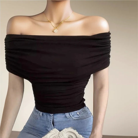 Sonicelife-Irregular Crop Top Women Off Shoulder Elegant Pleated Top Female Sleeveless Sexy Tops Woman Fashion Streetwear Summer T-shirt