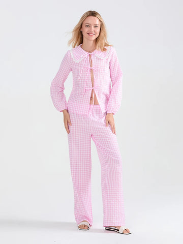 Sonicelife Women's Fall Loungewear Sets Plaid Print Doll Collar Tied Front Long Sleeve Shirt with Elastic Waist Long Pants Sleepwear Outfit