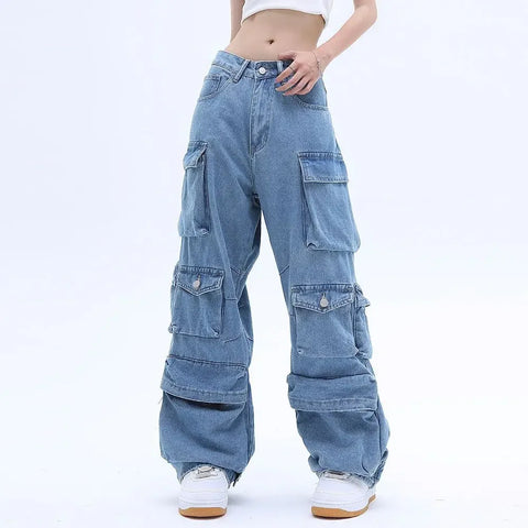 Sonicelife Y2K New Multi-Pocket Heavy Industry High-Quality Best-Selling Jeans Women Street Hip-Hop Straight High Waist Wide-Leg Pants 2023