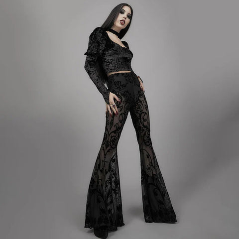 Sonicelife Women's Elegant Design Trousers 2024 Skinny Sheer Cross Totem Flocked Mesh Flared Pants