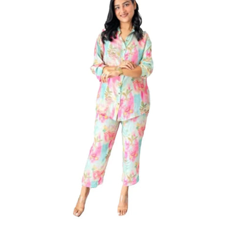 Sonicelife Long Sleeve Single Breasted Blouses Women Pant Sets Straight Pants Pockets Ankle Length Casual Print Loose Button Tracksuit