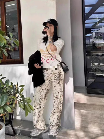 Sonicelife Fashion Vintage Leopard Print Pants for Women 2024 Summer New Straight Bottoms Y2k E-Girl High Waist Loose Wide Leg