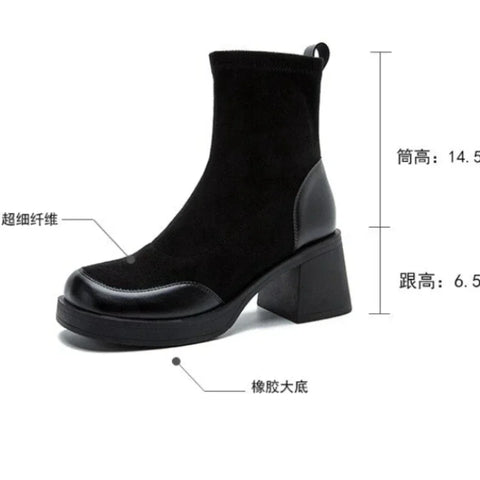 Sonicelife Short Shoes for Woman Black Women's Ankle Boots Sock Footwear Combat Booties Very High Heels Suede Punk Style Heeled Autumn Boot