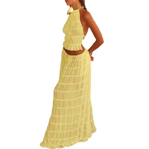 Sonicelife Two Piece Sets Women Skirt Outfits Top Sleeveless Backless Lace Up Solid Color Sexy Long Skirts Suit 2024 Elegant Ensemble