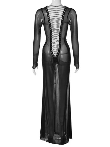 Sonicelife-2024 Sexy Women's See Through Mesh Long Dress Night Club Outfit Ladies Hollow Out Backless Bandage Maxi Party Dresses Streetwear