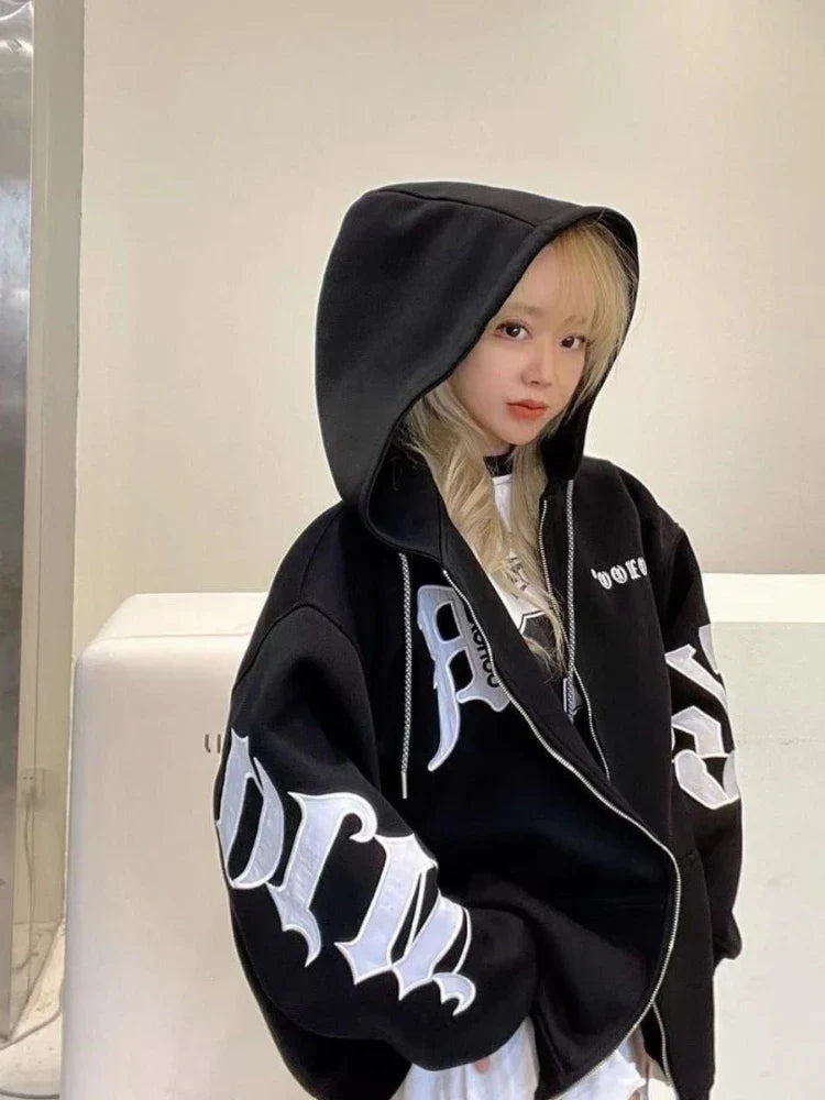 Sonicelife Letter Printed Zip Hoodie Women Gothic Grunge Punk Hooded Oversize Jacket Coats Streetwear Sweatshirts for Female Tops