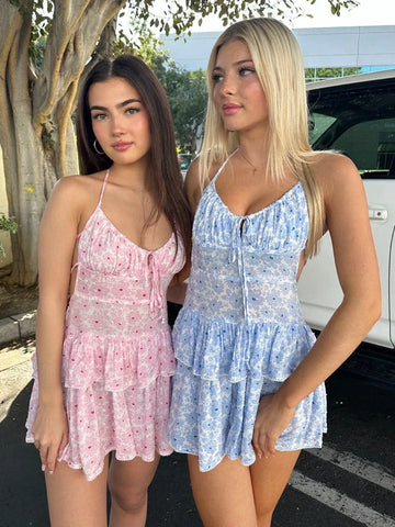 Sonicelife hoco dresses-2024 Women’s Sexy Vintage Halter Neck Front Backless Bandage Tie-up Layered Floral Print Layered Ruffled Short Mini Dress