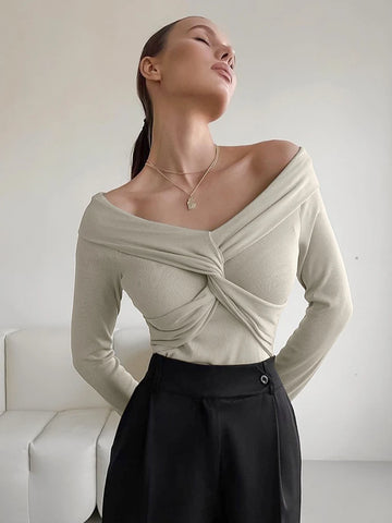 Sonicelife Aynaray 2024 Autumn Winter Women Off Shoulder Office Knitwear Tops Slim Pullover Solid Khaki Long Sleeve T-shirts Female