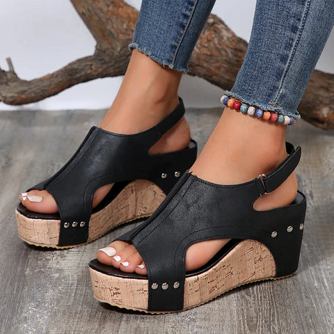 Sonicelife-Retro Thick Bottom Wedge Sandals Women 2024 Summer Ankle Strap Chunky Platform Sandals Woman Plus Size 43 Hollow Out Beach Shoes