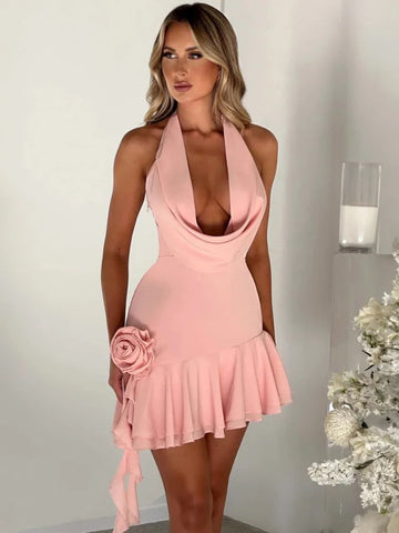 Sonicelife Halter 3D Flower Backless Sexy Mini Dress For Women Fashion V Neck Sleeveless Ruffls Club Party Dress Elegant