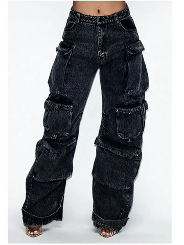 Sonicelife American Street Workwear Multi-Pocket Heavy Lndustry Design Jeans Female Y2K Gothic Fashion Punk Style Loose Floor Wide-leg Pant