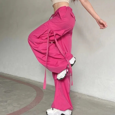 Sonicelife Y2k Pink Cargo Pants Women Streetwear Baggy Lace Up Sweatpants Low Rise Hip Hop Trousers Korean Style Pantalones Summer