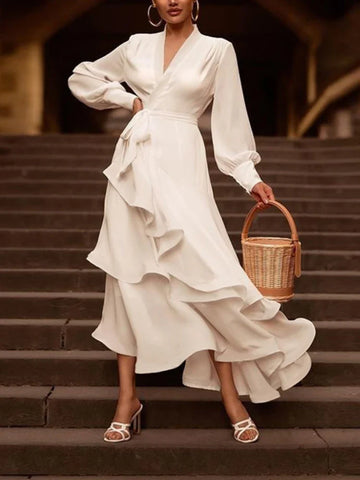 Sonicelife Ruffles Lantern Sleeve Dresses Women Ankle Length Spliced Vestidos Sexy V Neck Pullover Solid Basics Loose Fit 2024 Sashes