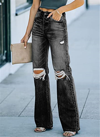 Sonicelife High Waist 2024 Autumn New Retro Flared Pants Loose Casual Ripped Wide Leg Pants Straight Leg Jeans Women's Street Pants