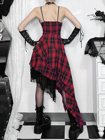 Sonicelife Women's Gothic Design Dress 2024 Sweetheart Corset Spice Halter Dark Irregular Patchwork Hem Plaid Long Dress