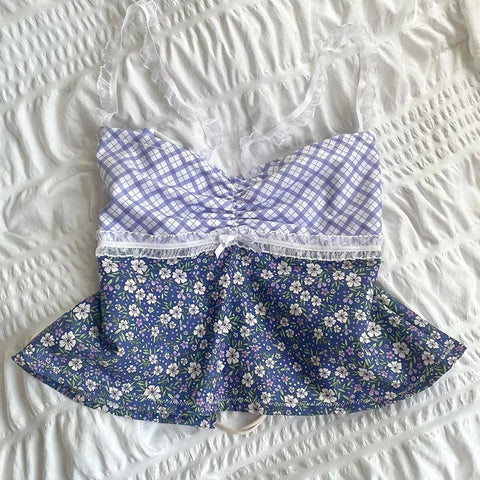 Sonicelife Plaid Floral Print Milkmaid Tops 00s Retro Coquette Camis Fairycore Y2K Lace Trim Backless Tie Up Crop Tops Chic Cute Mini Vest