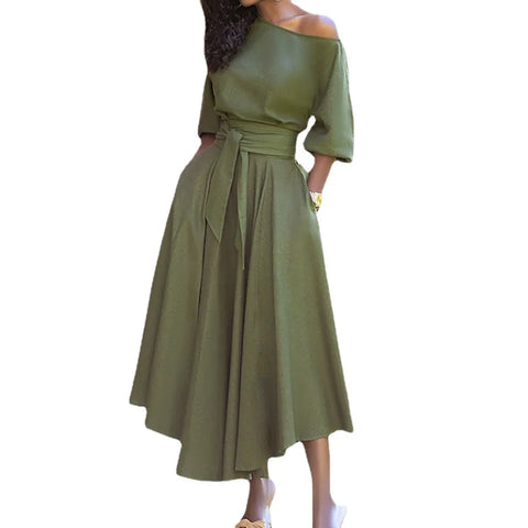 Sonicelife Inclined Shoulder Women Dress Ankle Length Party Dresses Solid Spliced Sashes Vestidos Loose Fit 2024 Pockets Basics Casual