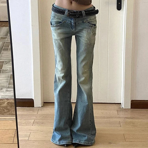 Sonicelife Oversize American Rivet Flared Jeans for Women Y2k Grunge Loose Wide Leg Pants 2024 Spring New Straight Denim Blue