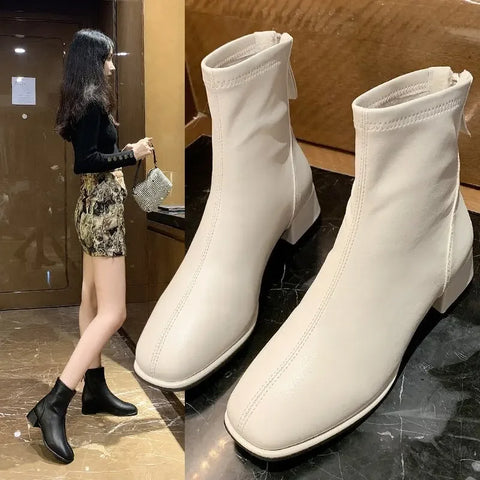 Sonicelife Elastic Socks Boots Fashion Ankle Boots Women High Heel Thicks Heel Square Toe Short Boots Women Retro  Ladies Shoes 2024