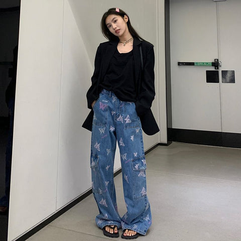 Sonicelife Butterfly Embroidery Cargo Pants Women Clothing Street Vintage Hip Hop High Waisted Jeans Woman Casual Baggy Jeans Women Pants