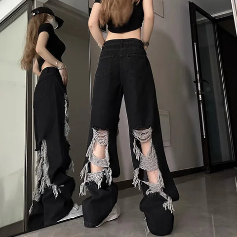 Sonicelife Vintage Hole Hollow Out Black Jeans for Women Y2k E-Girl High Waist Straight Denim Pants 2024 Summer New Loose Wide Leg