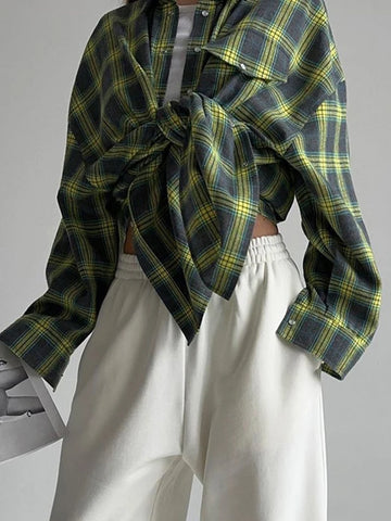 Sonicelife Aynaray 2024 Autumn Winter Women Vintage Oversized Plaid Shirt Long Sleeve Thick Loose Fit Blouse For Woman
