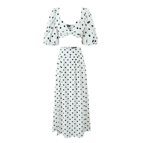 Sonicelife Polka Dots Cropped Top and Side Slits High Waist Skirt Set