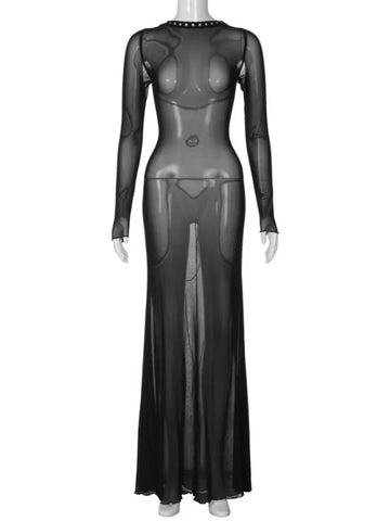 Sonicelife-2024 Sexy Women's See Through Mesh Long Dress Night Club Outfit Ladies Hollow Out Backless Bandage Maxi Party Dresses Streetwear