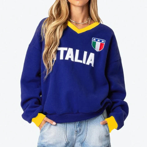 Back To School Sonicelife Y2k Gothic Hip Hop Pullover Hoodies Women Punk V-neck Hooded 2024 Autumn New ITALIA Letter Loose Long Sleeve Oversize Sweatshirt