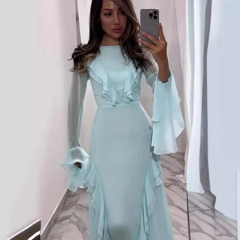 Sonicelife Dress Women 2024 Autumn Long Dresses Tight Waist Full Sleeve Slash Neck Hollow Out A Line Elegant Temperament  Solid Vestidos