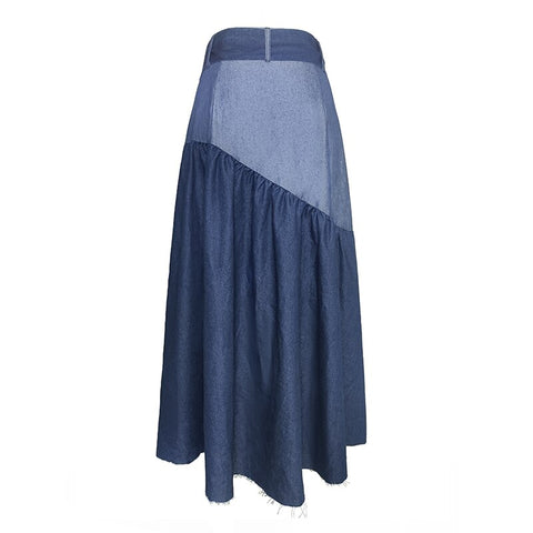 Sonicelife Patchwork Women's Denim Skirt Y2K Loose Irregular Straps High Waist Plus Size Ladies Over The Knee Skirt 2023 New Long Skirt