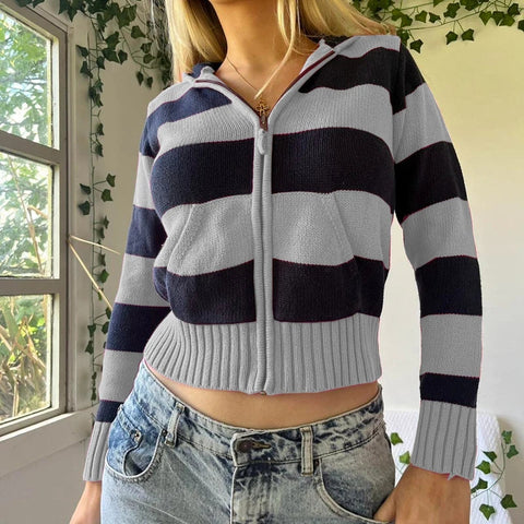 Sonicelife 90s Vintage Y2K Aesthetic Striped Cropped Sweater Autumn Zip Up Knitted Cardigans Hooded Women Long Sleeve Slim Fit Coats