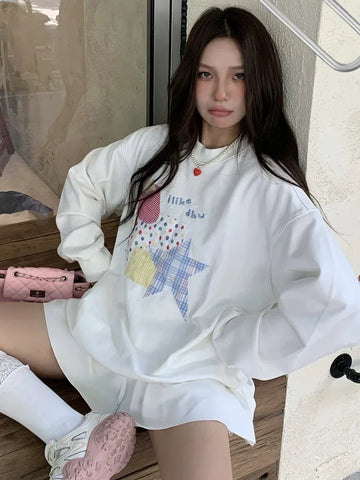 Black Friday Sonicelife Kawaii Strawberry Patchwork Hoodies Women White Star Graphic Long Sleeve Oversized Streetwear Autumn Y2k Clothes 2000s