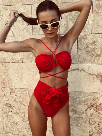 Sonicelife High Waist Bikinis 2024 Sexy Women Swimsuit Female Swimwear Floral Red Bandage Bikinis Set Bathing Suit Swimming Suits