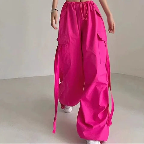 Sonicelife Y2k Pink Cargo Pants Women Streetwear Baggy Lace Up Sweatpants Low Rise Hip Hop Trousers Korean Style Pantalones Summer