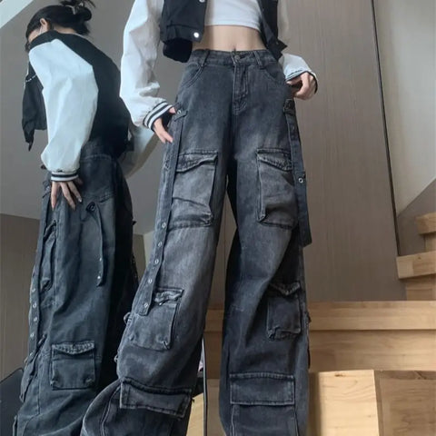 Sonicelife New Multi-pocket High Street American Tooling Wide-leg Jeans Female Y2K Street Punk Style Loose Street Brand Washing Old Pants