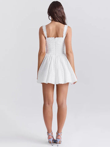 Sonicelife White English Embroidered Belted Mini Dress For Women Fashion V Neck Sleeveless Backless A-line Club Party Sexy Dress